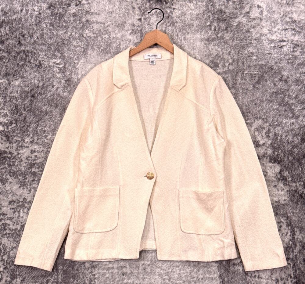 St John Collection Santana Knit Jacket 18 Womens Ivory Cream Modern Gold Button